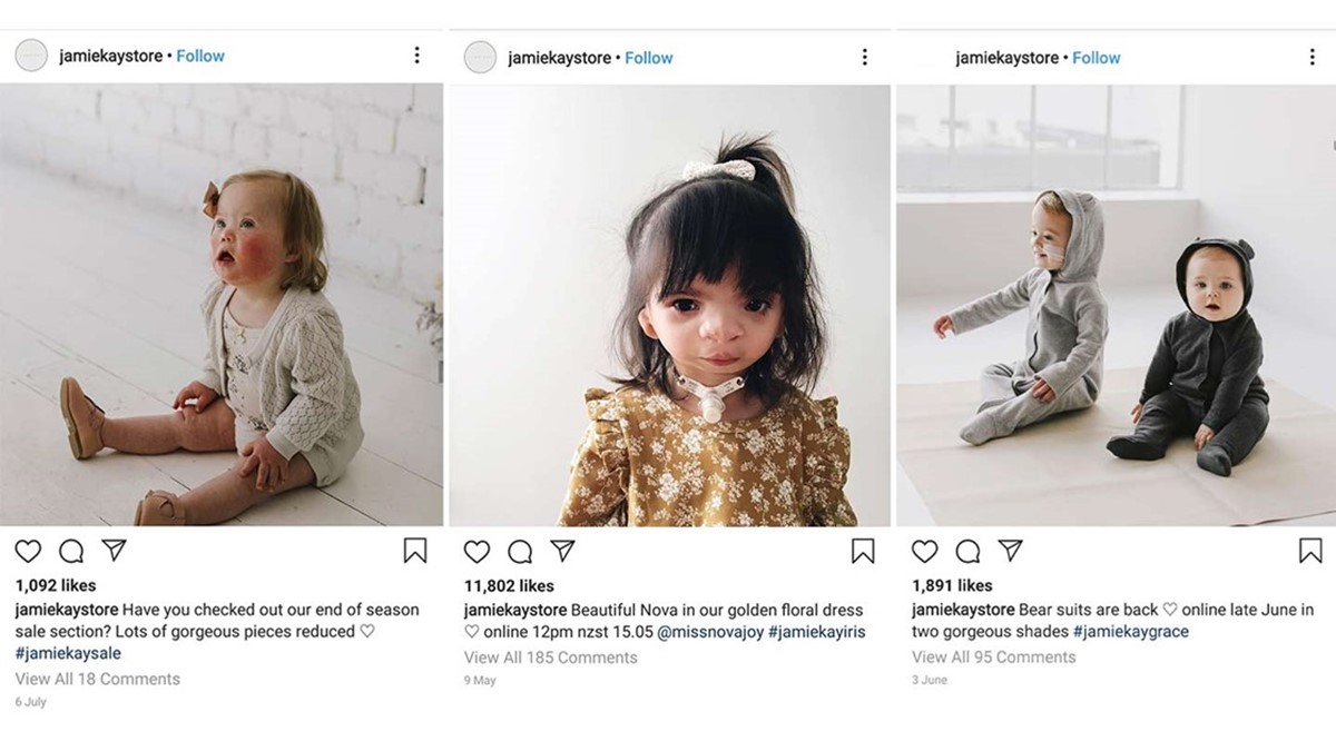 Three Instagram posts side by side showing a child model from Jamie Kay.
