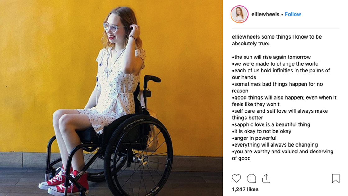 Instagram post by elliewheels showing a girl in a wheelchair modeling. 